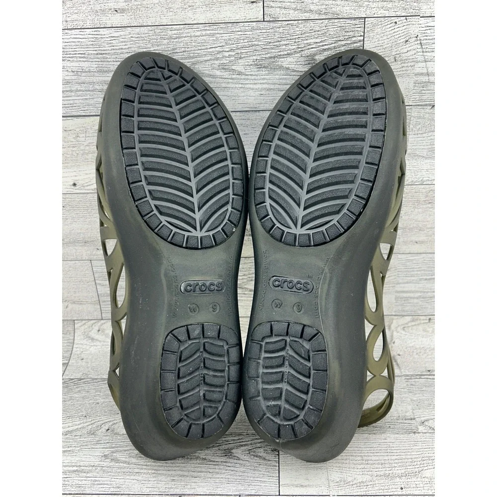 Crocs Adrina‎ III Peep Toe Wedge Sandals Army Green Black Womens 9 14937